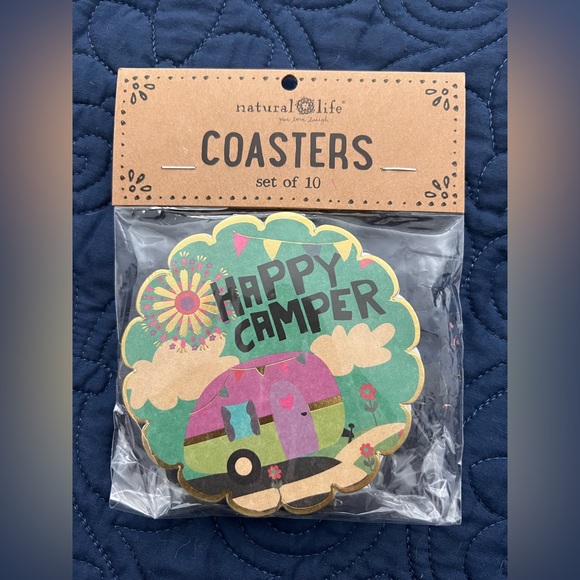 New in package set of 10 Natural Life paper coasters. Camper-“Happy Camper” - Picture 1 of 2